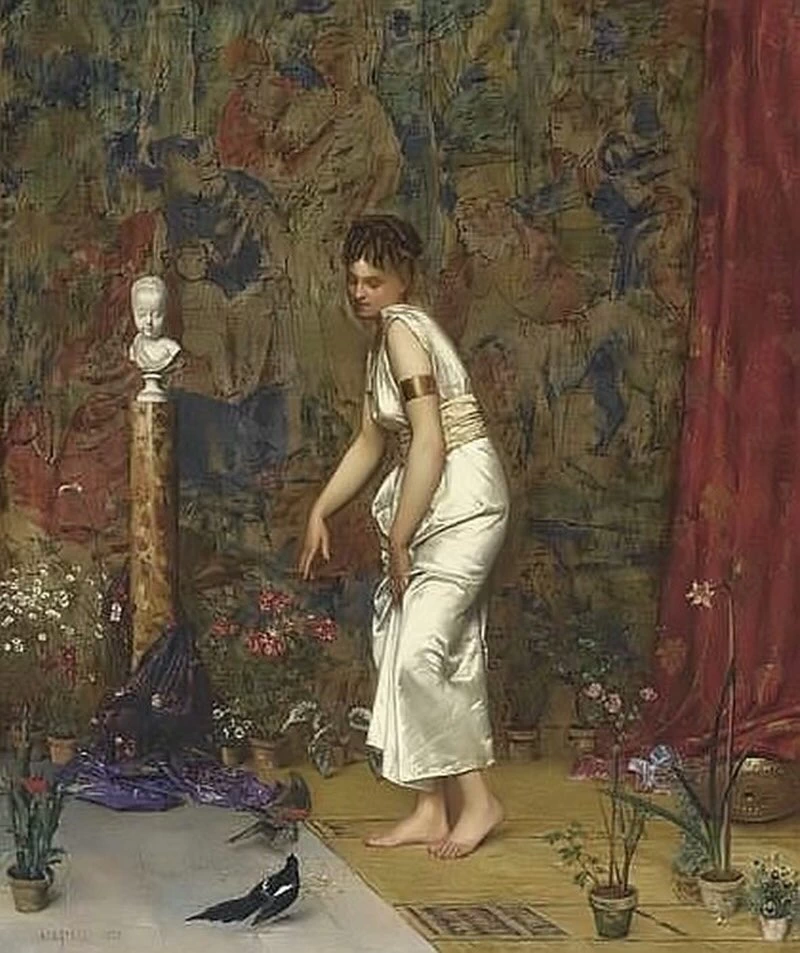 Ragazza in abito romano bianco che dà da mangiare a due uccelli.1873